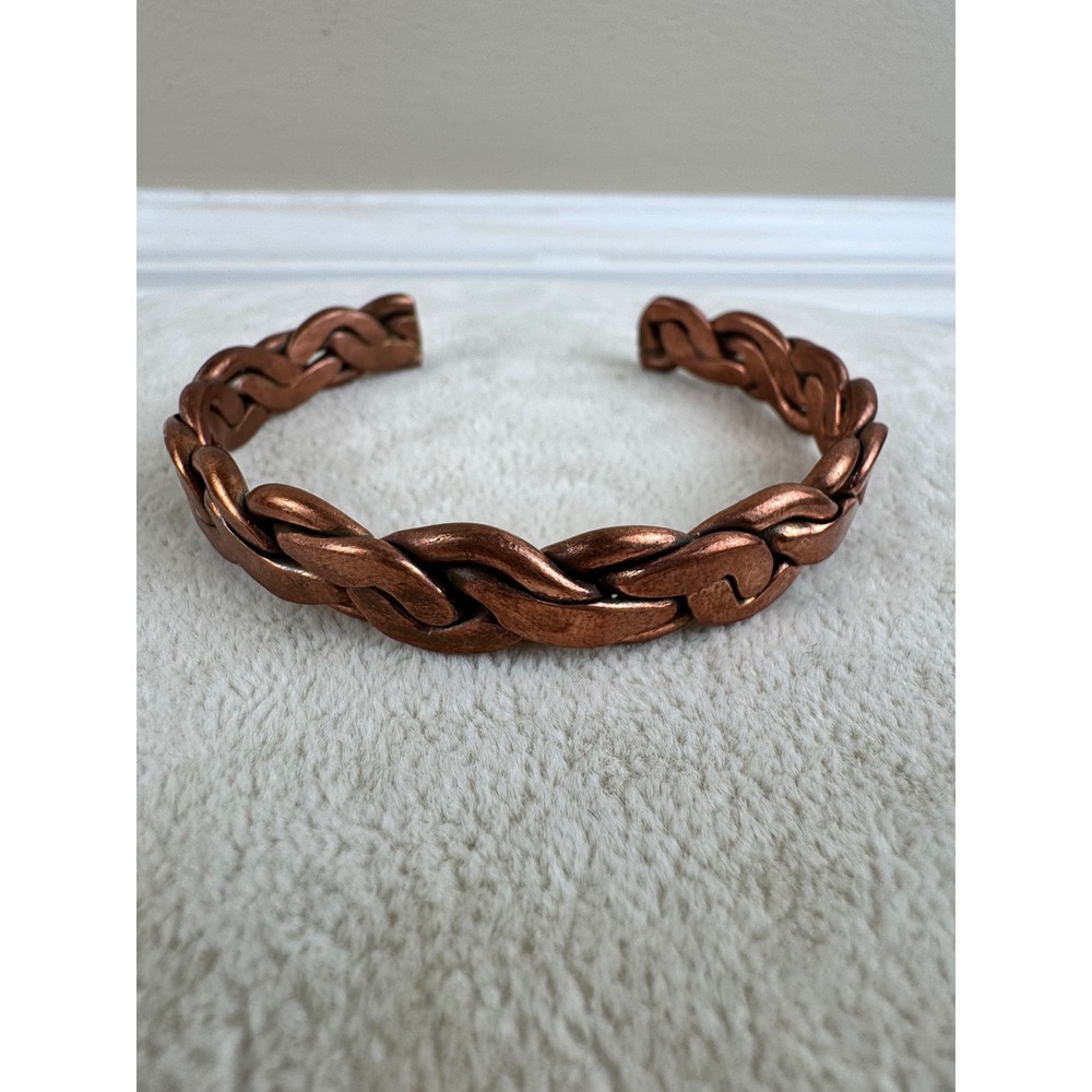 Vintage Braided Copper Cuff Bracelet Woven Wheat Chain Antiqued Unisex Bangle